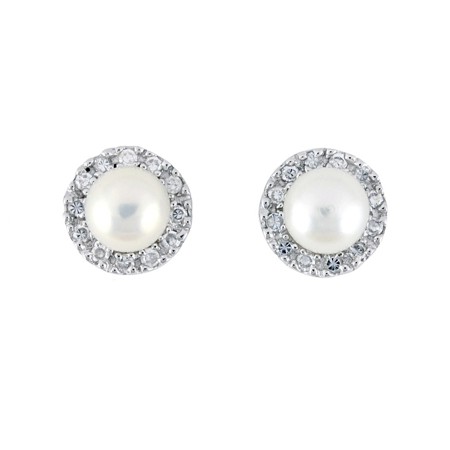 White Freshwater Pearl Studs with Cubic Zirconias - Click Image to Close